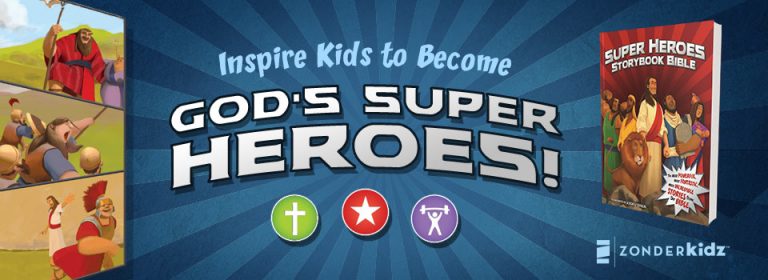 God's Super Heroes book cover promoting kids' Bible stories by Zonderkidz, featuring biblical hero illustrations.