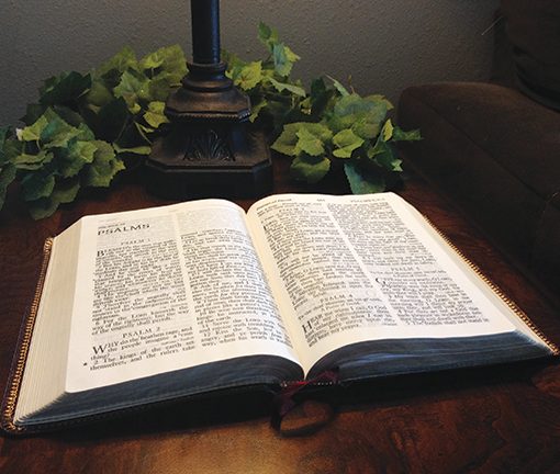 Open Bible on a wooden table beside a lamp and green plant, highlighting the Book of Psalms.