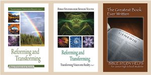 Books for Bible study: adult, youth, junior high guides on transformation, vision, and Genesis.