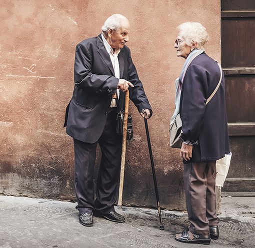 Elderly couple chatting warmly against an old brick wall, each with a cane, expressing friendship and connection.