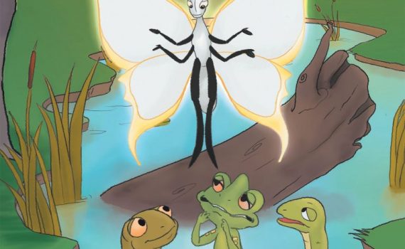 Children's book cover features a white insect, frog, lizard, and snake at Farmer Pete’s pond under a clear sky.