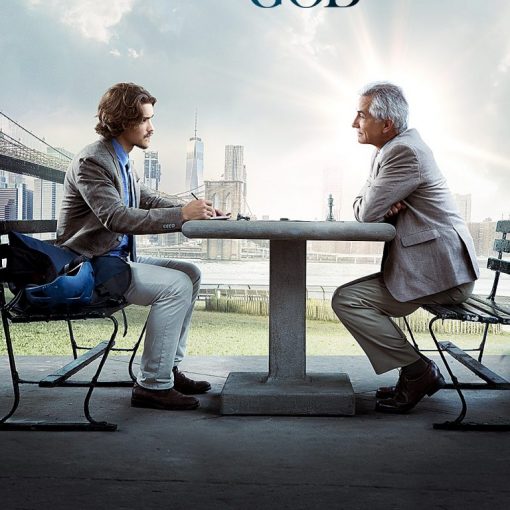 Two men in conversation at a park bench, cityscape background, An Interview with God movie poster.