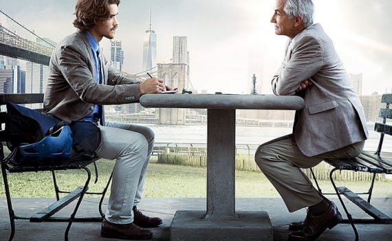 Two men in conversation at a park bench, cityscape background, An Interview with God movie poster.