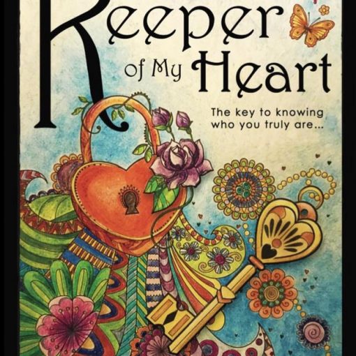 Whimsical book cover with a heart-shaped lock, ornate key, butterflies, and colorful floral patterns. Title: Keeper of My Heart.