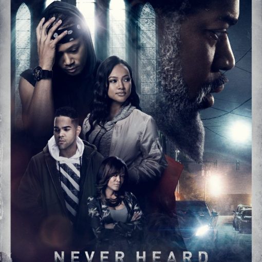 Movie poster for Never Heard featuring reflective and dramatic scenes with five main characters.