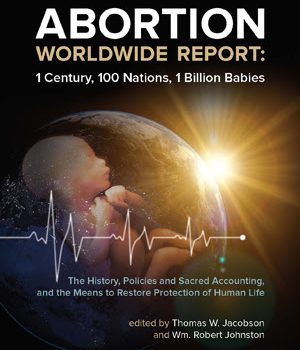Cover of Abortion Worldwide Report, showing a fetus and globe with text on policies and history, edited by Jacobson and Johnston.