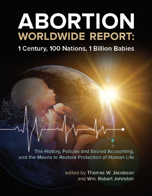 Cover of Abortion Worldwide Report, showing a fetus and globe with text on policies and history, edited by Jacobson and Johnston.