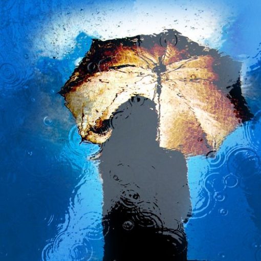 Silhouette with umbrella reflected in a puddle on a rainy day, creating a vivid abstract effect.