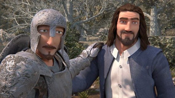 Animated knight in armor with a medieval man, both smiling in a forest setting.