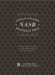 NASB Single Column Reference Bible cover, brown with decorative pattern, Premier Collection edition.