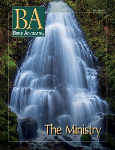 Cover of Bible Advocate magazine featuring a serene waterfall backdrop titled The Ministry, May-June 2020 edition.