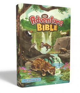 Cover of the New Adventure Bible for kids, featuring animals and a jungle scene with waterfalls.