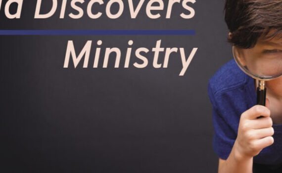 A child holding a magnifying glass next to the text Kid Discovers Ministry on a chalkboard background.