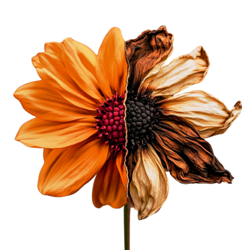 Dual-stage flower: vibrant orange petals on left, wilted brown on right, illustrating contrast of life and decay.