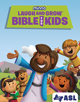 Cover of 'Laugh and Grow Bible for Kids' showing animated characters and ASL logo, promoting interactive learning.