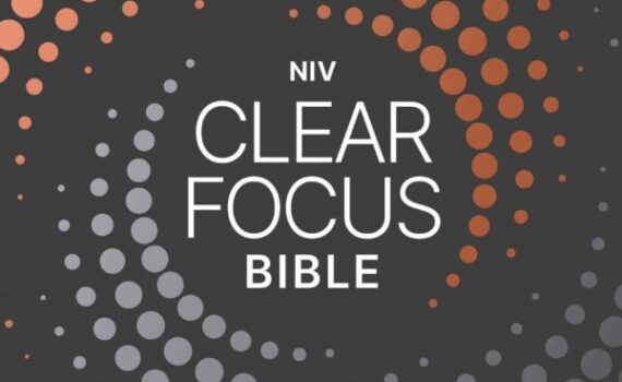 NIV Clear Focus Bible cover with circular gradient dot design in orange and grey on a dark background.